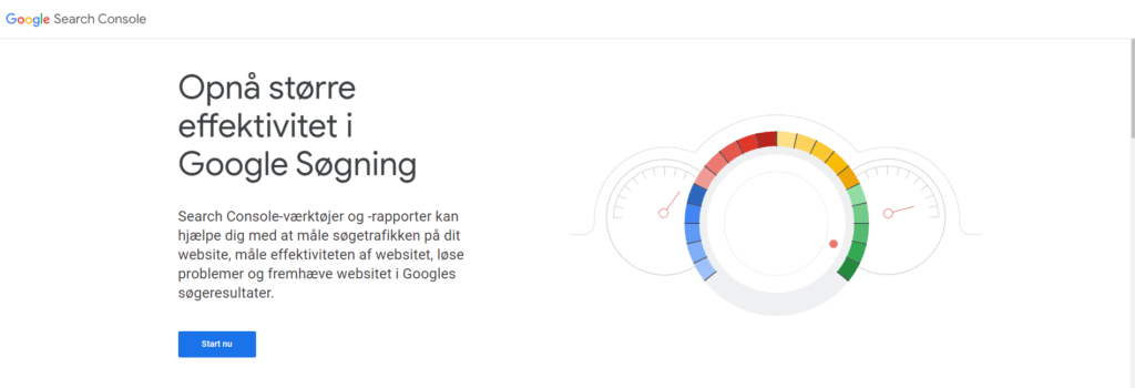 Billedet viser hvordan du opretter en konto på Google Search Console, så du kan få din hjemmeside på Google.