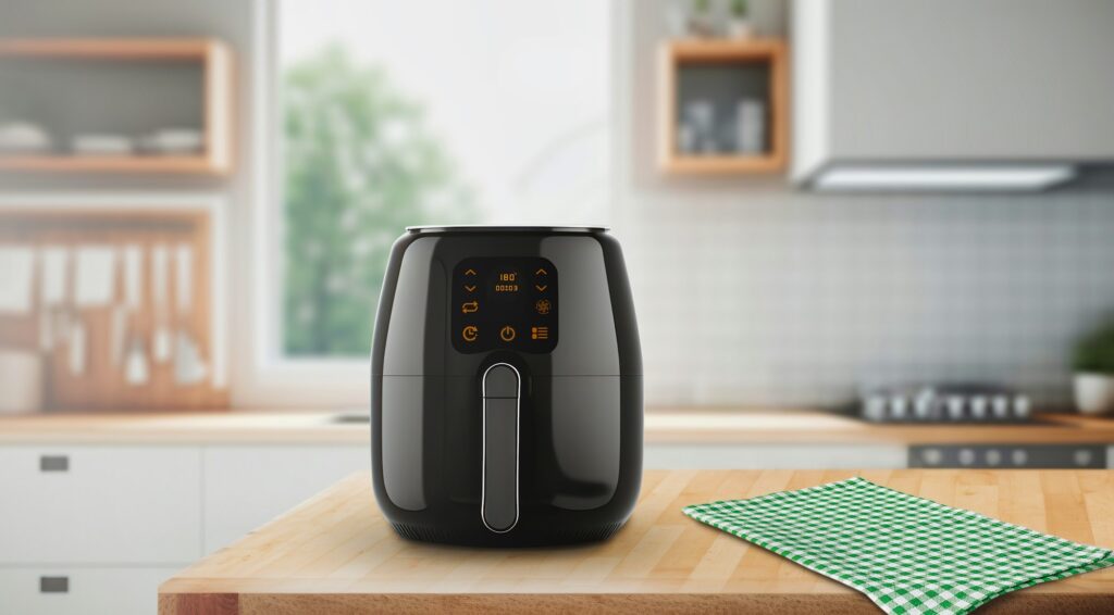 Air fryer machine cooking potato fried in kitchen. Lifestyle of new normal cooking.